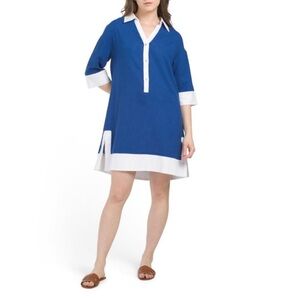 CYNTHIA ROWLEY Royal/white Linen Blend Collared Midi dress SZ Small EUC